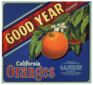Vintage, Unused GOOD YEAR Orange Fruit Crate Label || Rayo, Tulare Co., Ca.