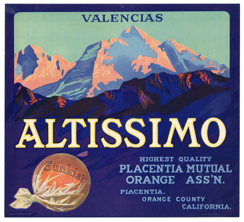 Vintage, Unused ALTISSIMO Orange Fruit Crate Label || Placentia, Orange Co, Ca.