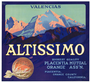 Vintage, Unused ALTISSIMO Orange Fruit Crate Label || Placentia, Orange Co, Ca.