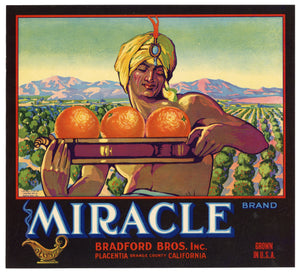 Vintage, Unused MIRACLE Brand Orange Crate Label || Placentia, Orange Co., Ca.