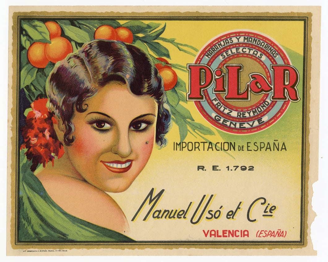 Vintage, Unused, 1920's Spanish PILAR Orange Fruit Crate Label || Valencia, Spain
