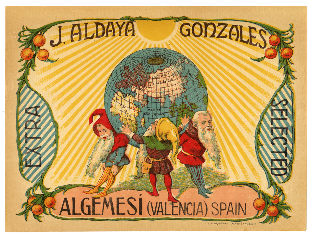 Vintage, Unused, Spanish J. ALDAYA GONZALES Orange Fruit Crate Label, Gnomes || Algemesi, Spain