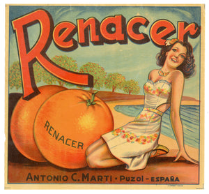 Vintage, Unused, French RENACER Orange Crate Label || Bathing Beauty