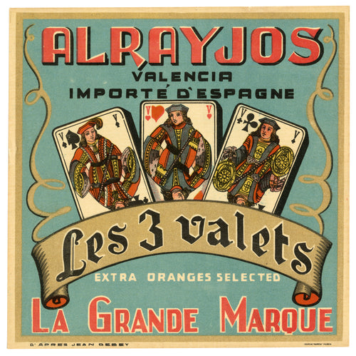 Vintage, Unused, French LES 3 VALETS Orange Fruit Crate Label, Imported from Valencia, Spain