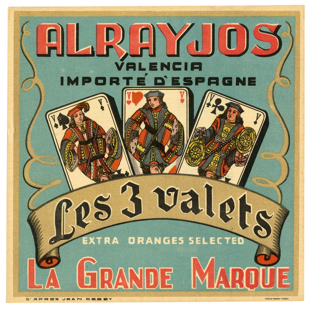 Vintage, Unused, French LES 3 VALETS Orange Fruit Crate Label, Imported from Valencia, Spain