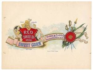 Vintage, Unused RED SHIELD Sweet Corn Can Label, Swords, Crest || Westernville, N.Y.