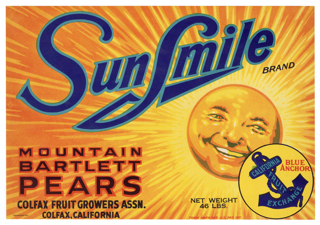 Vintage, Unused SUNSMILE Brand Pear, Fruit Crate Label || Colfax, Ca.