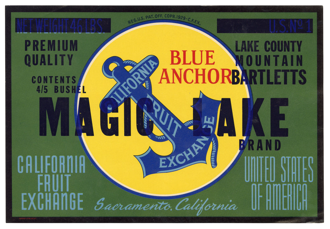Vintage, Unused MAGIC LAKE Pear Fruit Crate Label || Sacramento, Ca.