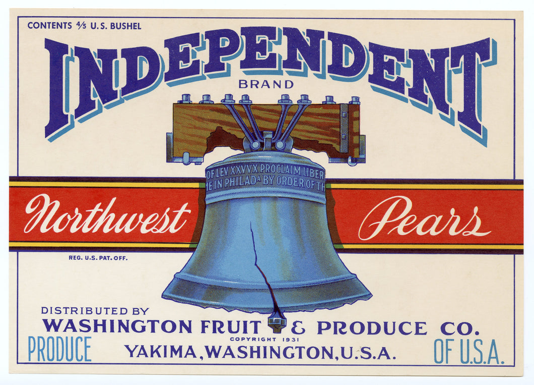 Vintage, Unused INDEPENDENT, Liberty Bell, Pear Fruit Crate Label || Yakima, Washington