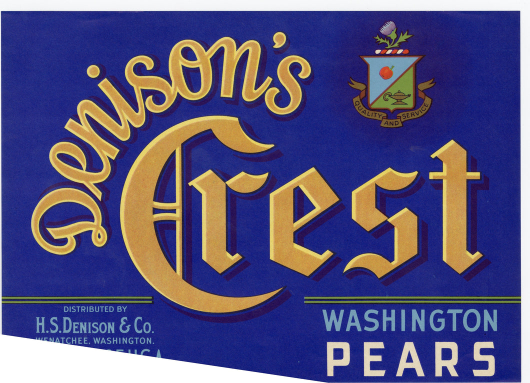Vintage, Unused DENISON'S CREST Pear, Fruit Crate Label || Wenatchee, Washington