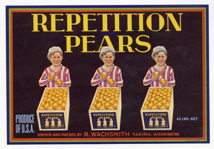 Vintage, Unused REPETITION Pears Fruit Crate Label || Yakima, Washington
