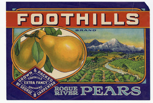 Vintage, Unused FOOTHILLS Pear, Fruit Crate Label || Rogue River Pears