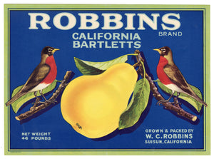Vintage, Unused ROBBINS Pear, Fruit Crate Label || Suisun, Ca. 