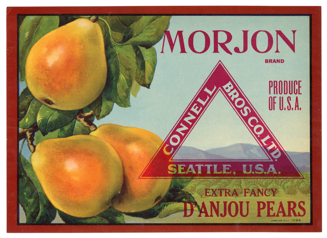 Vintage, Unused MORJON Brand Pear, Fruit Crate Label || Seattle, Washington