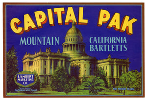 Vintage, Unused CAPITAL PAK Brand Pear, Fruit Crate Label || Sacramento, Ca.