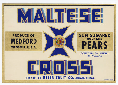 Vintage, Unused MALTESE CROSS Brand Pear, Fruit Crate Label || Medford, Oregon