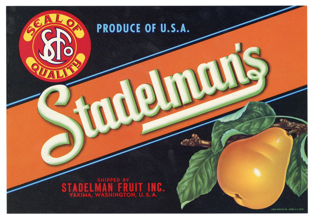 Vintage, Unused STADELMAN'S Brand Pear, Fruit Crate Label || Yakima, Washington