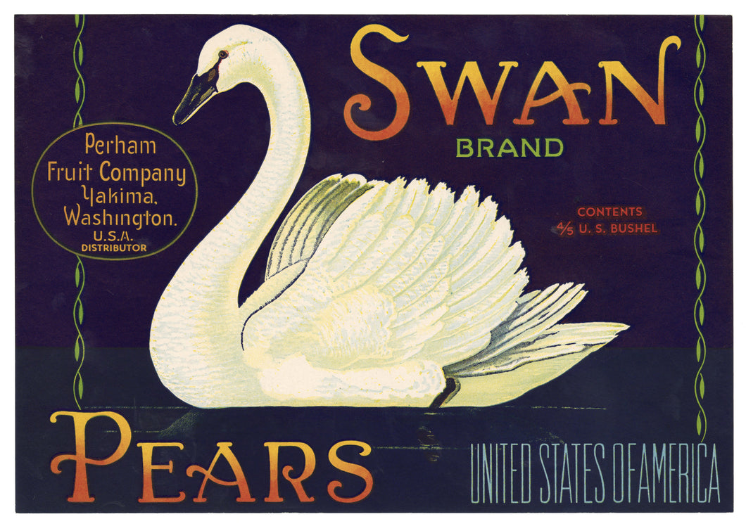 Vintage, Unused SWAN Brand Pear, Fruit Crate Label || Yakima, Washington