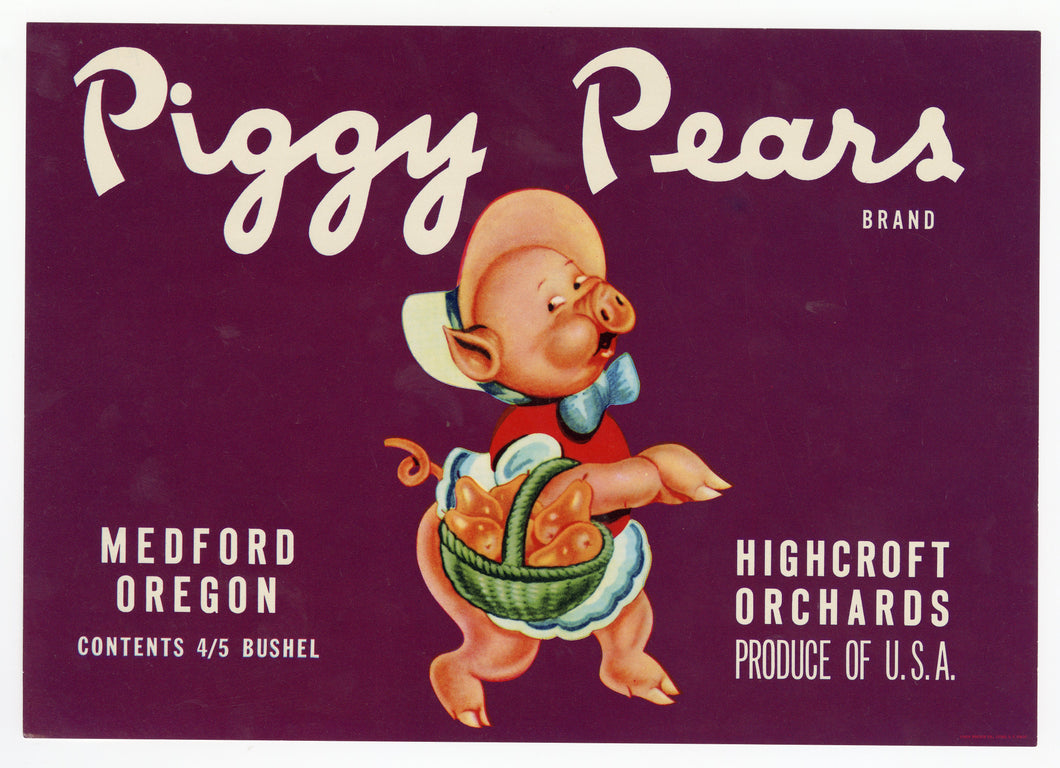 Vintage, Unused PIIGY PEARS Fruit Crate Label || Medford, Oregon