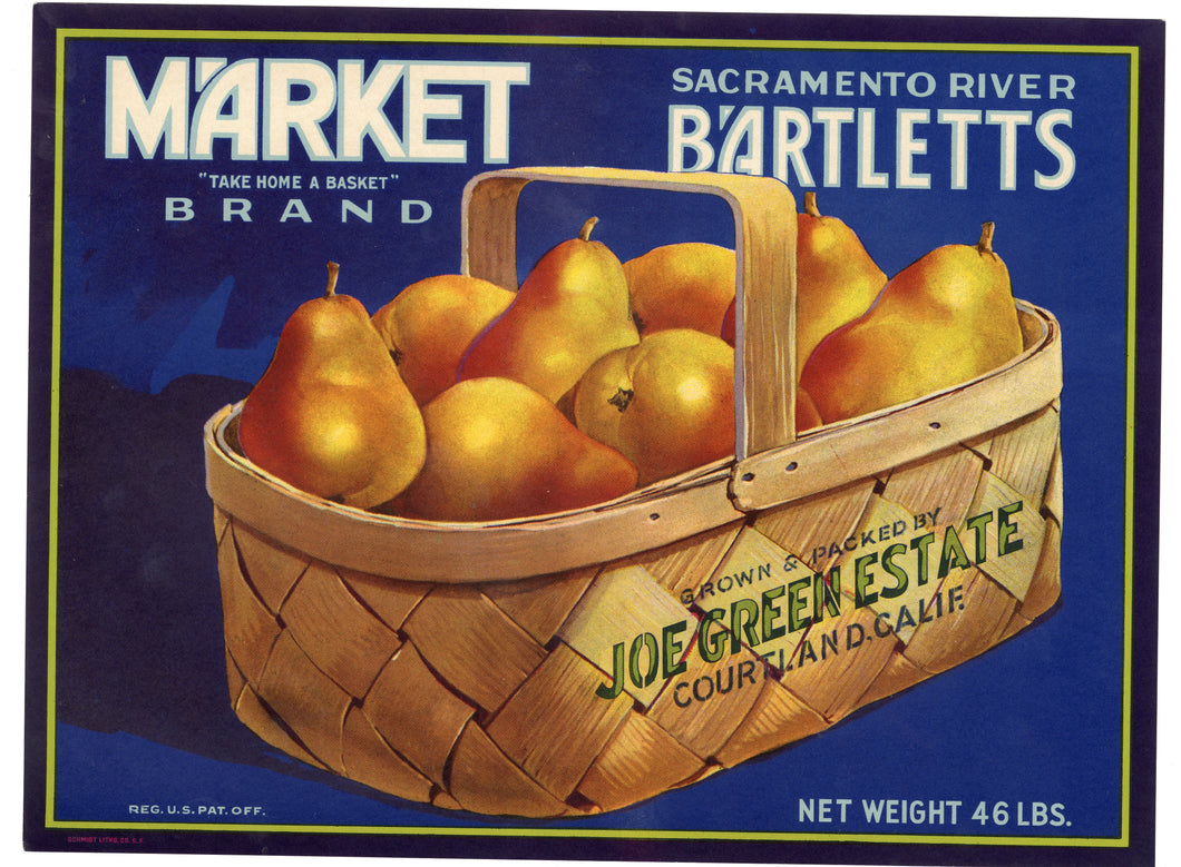 Vintage, Unused MARKET Brand Pear Fruit Crate Label || Courtland, Ca.