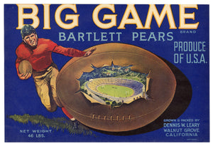 Vintage, Unused BIG GAME Pear Fruit Crate Label, Football || Walnut Grove, Ca.