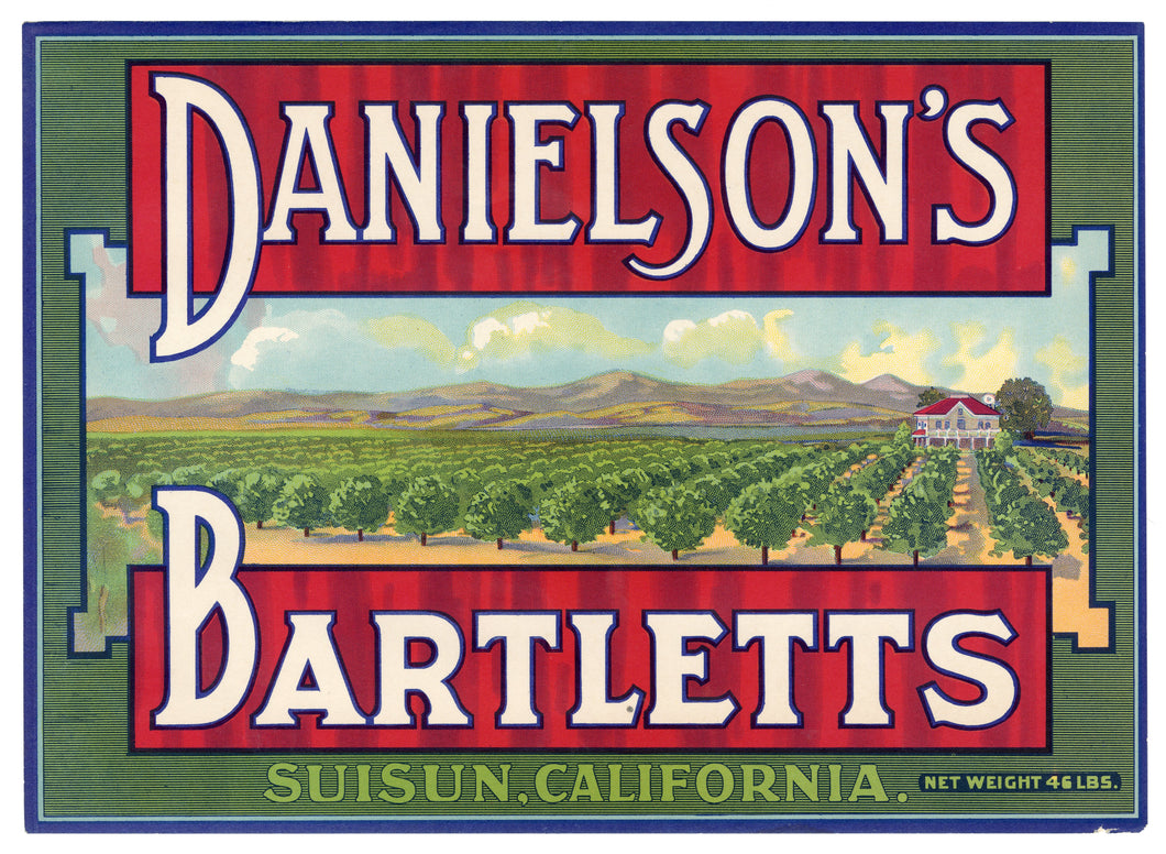Vintage, Unused DANIELSON'S BARTLETT Pear Fruit Crate Label || Suisun, Ca.