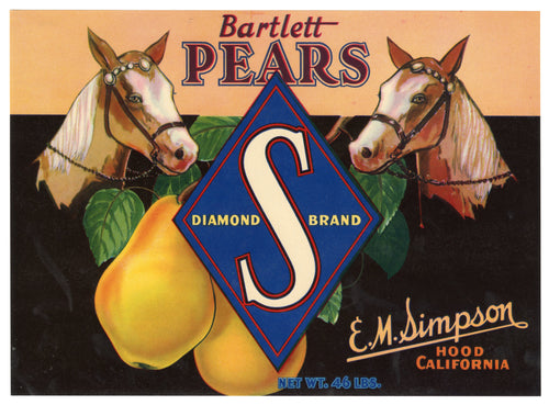 Vintage Unused S Brand Pear Fruit Crate Label, Horses || Hood, Ca.