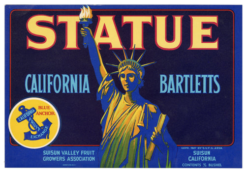 Vintage, Unused STATUE Of Liberty Brand Pear Fruit Crate Label || Suisun, Ca.