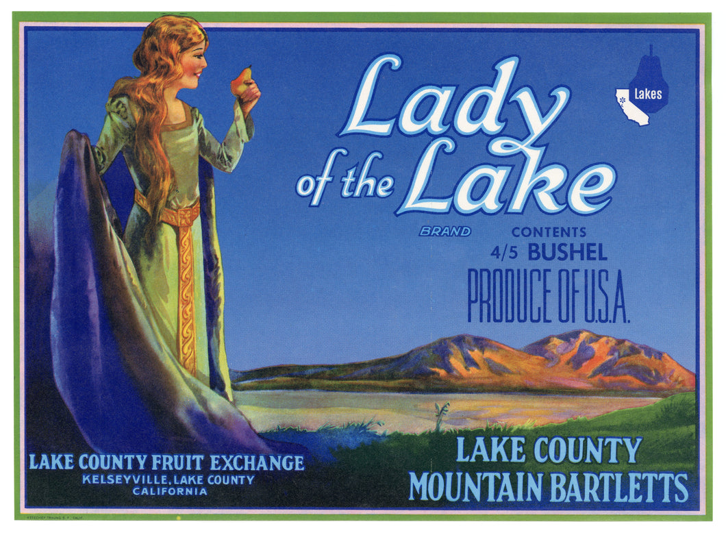 Vintage, Unused LADY OF THE LAKE Pear Fruit Crate Label || Kelseyville, Ca.