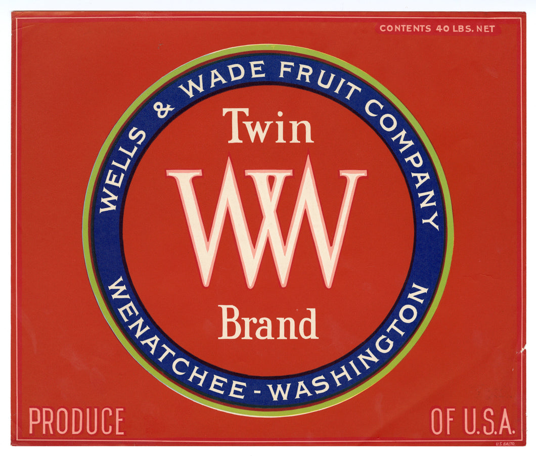 Vintage, Unused TWIN W Brand Pear Fruit Crate Label || Wenatchee, Washington