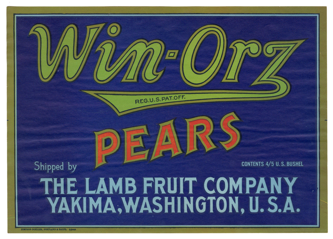 Vintage, Unused WIZ-ORZ Brand Pear Fruit Crate Label || Yakima, Washington