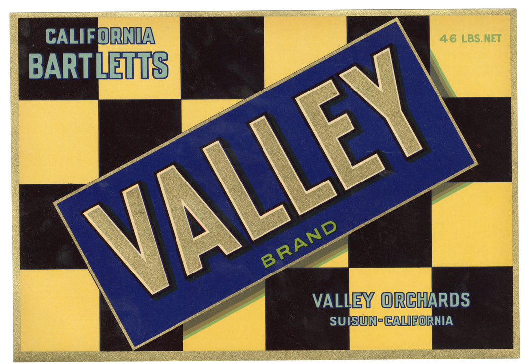 Vintage, Unused VALLEY Brand Pear Fruit Crate Label || Suisun, California