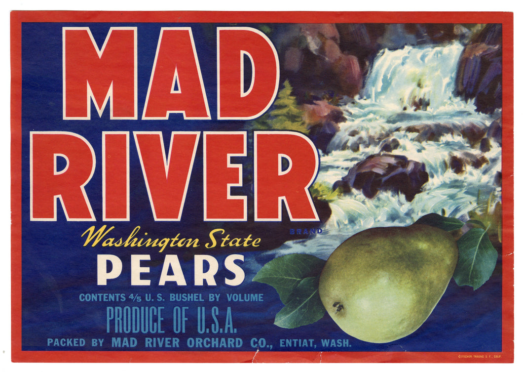 Vintage, Unused MAD RIVER Brand Pear Fruit Crate Label || Etiat, Washington
