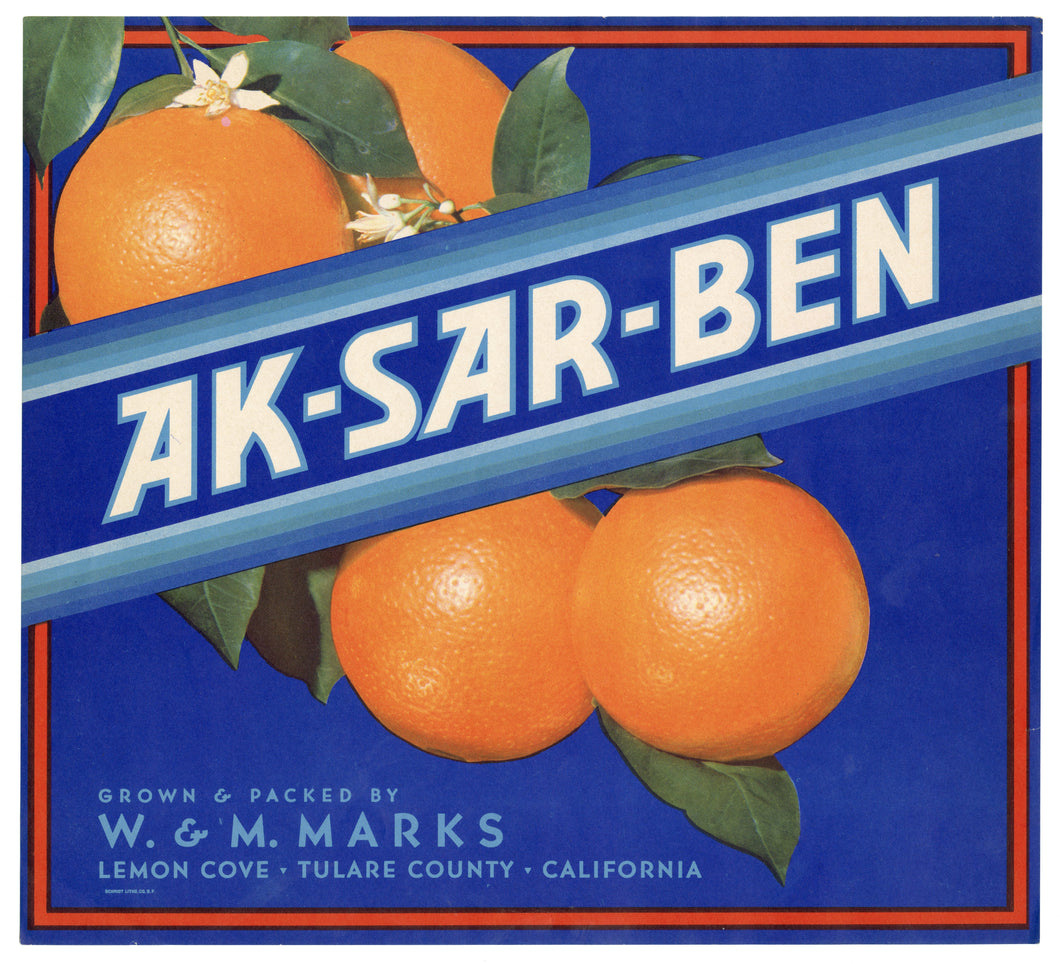 Vintage, Unused AK-SAR-BEN Orange, Fruit Crate Label || Lemon Cove, Tulare, Ca.