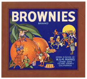 Vintage, Unused BROWNIES Brand Orange Fruit Crate Label || Lemon Cove, Tulare, Ca.