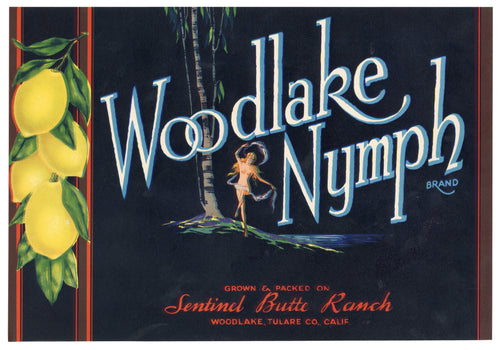 Vintage, Unused WOODLAKE NYMPH Lemon Fruit Crate Label || Woodlake, Tulare, Ca.
