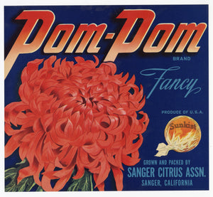 Vintage, Unused POM-POM Orange Crate Label || Sanger, California