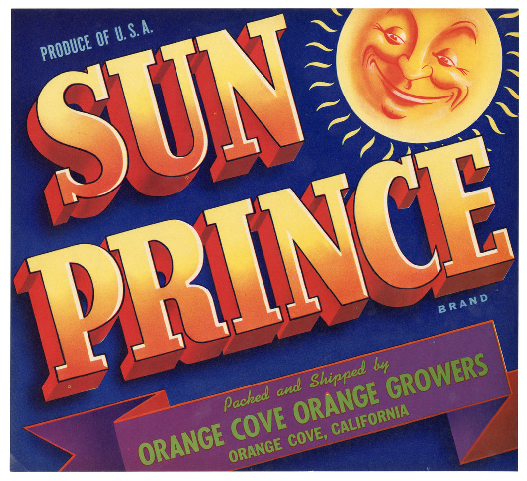 Vintage, Unused SUN PRINCE Orange Fruit Crate Label || Orange Cove, Ca.