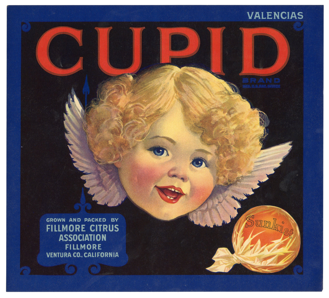 Vintage, Unused CUPID Brand Orange Fruit Crate Label || Fillmore, Ventura, Ca.