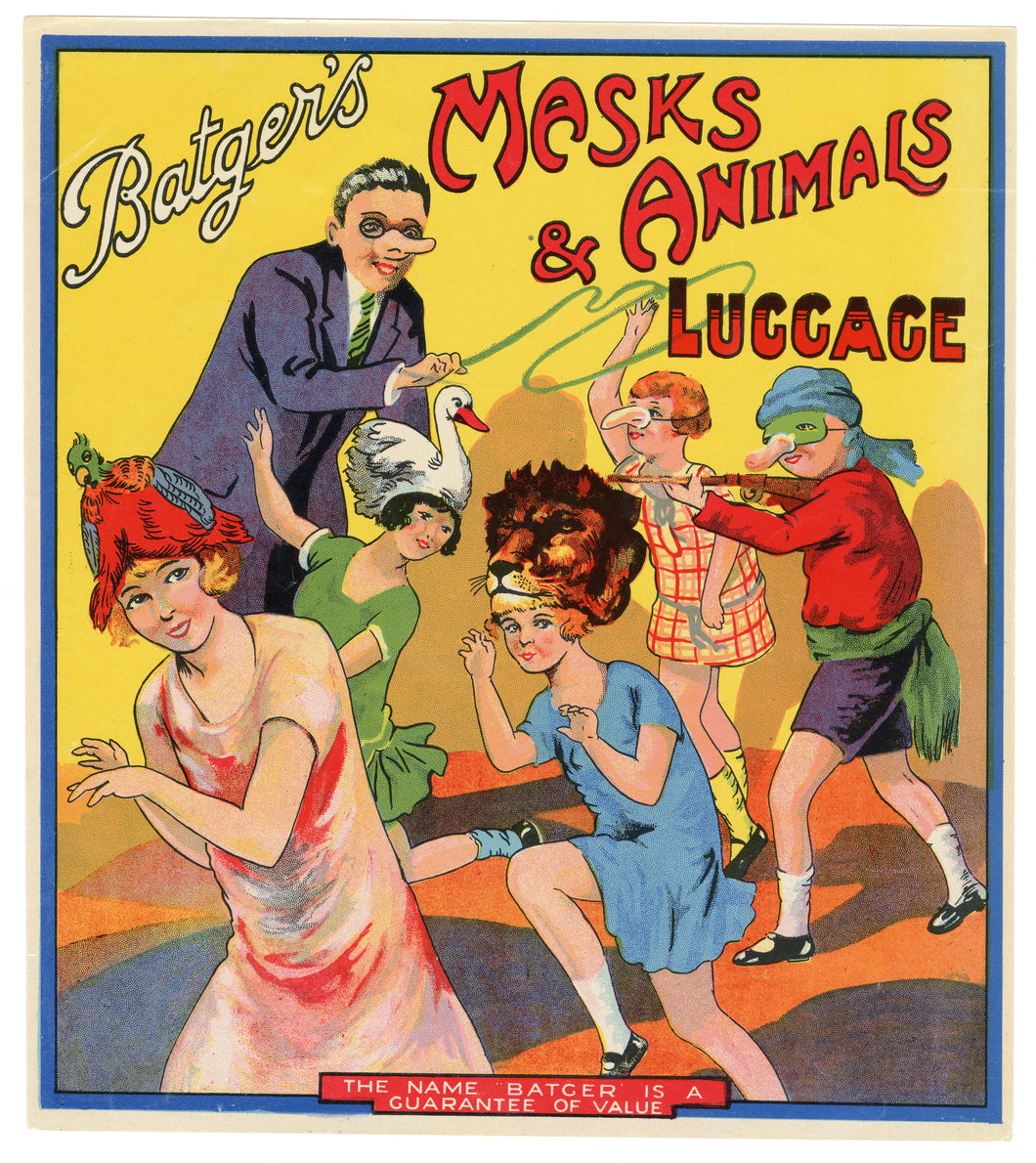 Antique, Unused MASKS & ANIMAL LUGGAGE Novelty Label, Batger, Masquerade