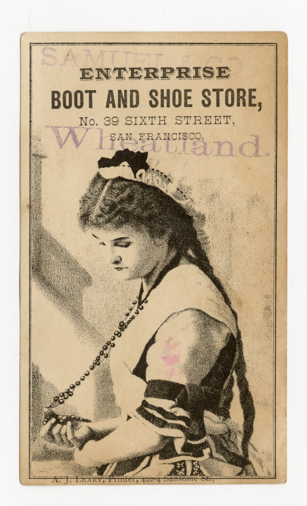 Antique Victorian ENTERPRISE Boot and Shoe Store Trade Card A, San Francisco, Vintage Fashion