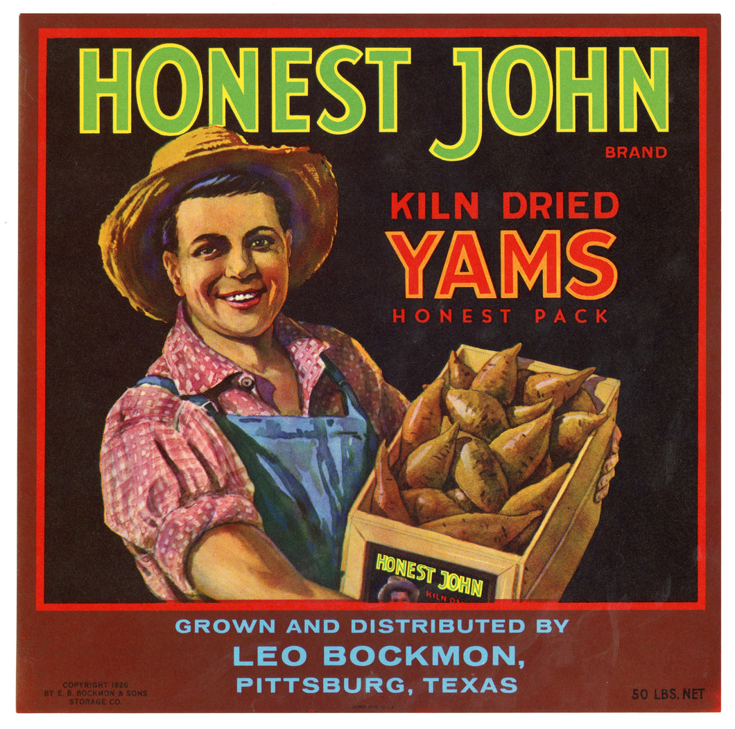 Vintage, Unused HONEST JOHN Yams Vegetable Label || Pittsburg, Texas