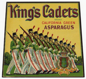 Vintage, Unused KING'S CADETS Asparagus Vegetable Crate Label || Clarksburg, Ca.