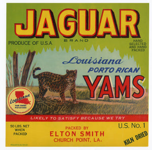 Vintage, Unused JAGUAR Yams Vegetable Crate Label || Church Point, Louisiana
