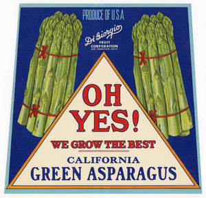 Vintage, Unused OH YES! Asparagus Vegetable Crate Label || San Francisco, Ca.