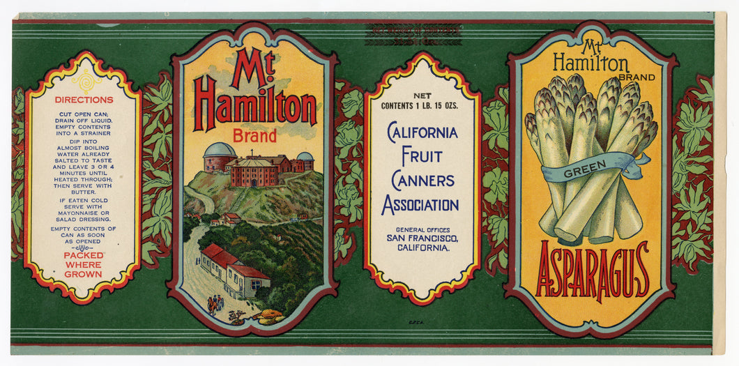 Vintage, Unused MT. HAMILTON Brand Canned Asparagus Vegetable Label || Ca.