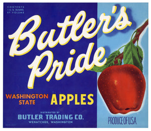Vintage, Unused BUTLER'S PRIDE Apple Fruit Crate Label || Wenatchee, Washington
