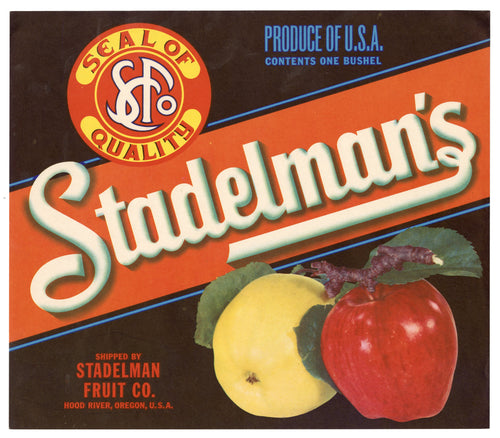Vintage, Unused STADELMAN'S Apple Fruit Crate Label || Hood River, Oregon