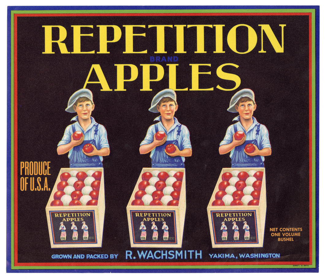 Vintage, Unused REPETITION APPLES Fruit Crate Label || Yakima, Washington