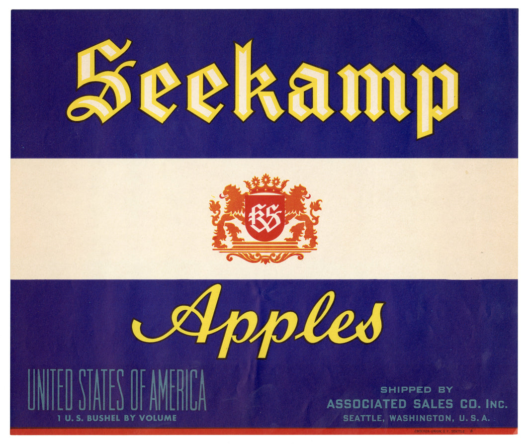 Vintage, Unused SEEKAMP Apple Fruit Crate Label || Seattle, Washington